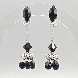 Vintage Lewis Segal California Black‎ Glass Beaded Chandelier Clip On Earrings